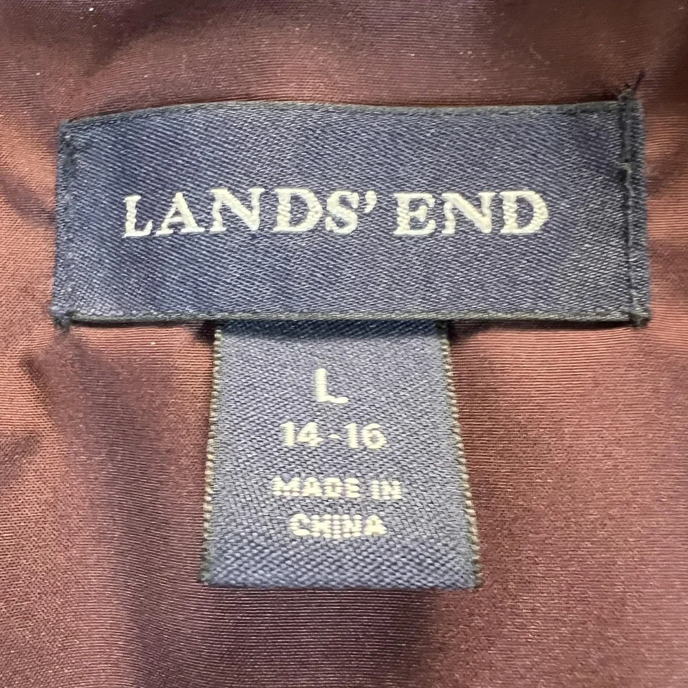 Lands End Youth Girls Down Puffer Jacket Sz L Maroon Fur Trim Hood Zip Pockets